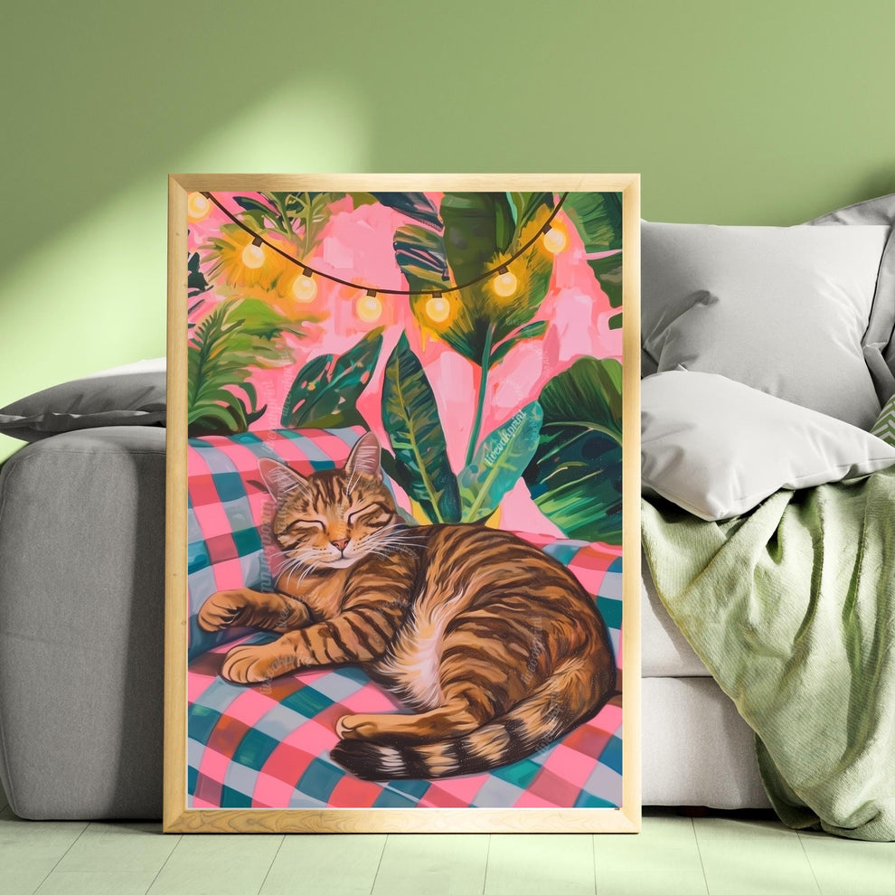 Cozy Tabby Cat Print – Boho Cat Wall Art – Gingham Bedroom Decor – Brown Cat Print – Pink and Green Cat Poster – Cute Animal Wall Art