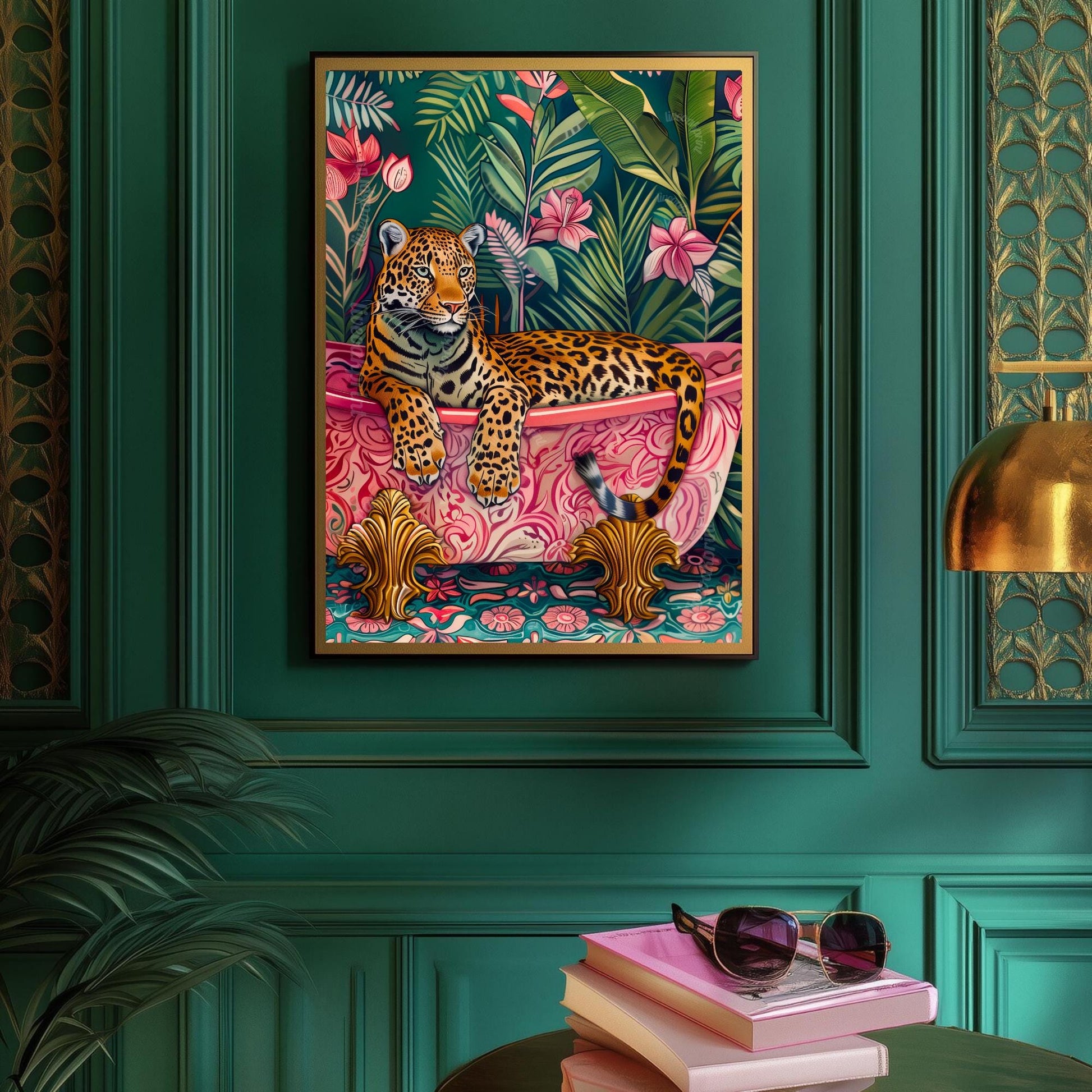 Leopard in a Bathtub Print – Maximalist Bathroom Wall Art – Tropical Animal Print – Pink and Green Bathroom Decor – Jungle Bathroom Art