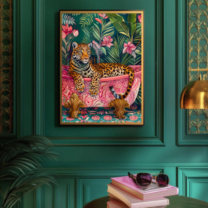 Leopard in a Bathtub Print – Maximalist Bathroom Wall Art – Tropical Animal Print – Pink and Green Bathroom Decor – Jungle Bathroom Art