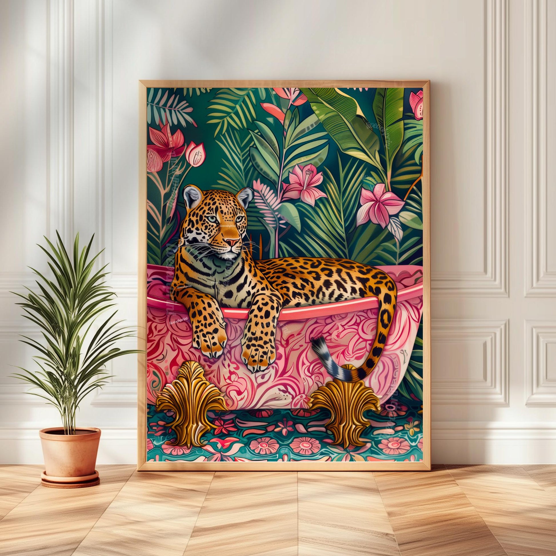 Leopard in a Bathtub Print – Maximalist Bathroom Wall Art – Tropical Animal Print – Pink and Green Bathroom Decor – Jungle Bathroom Art