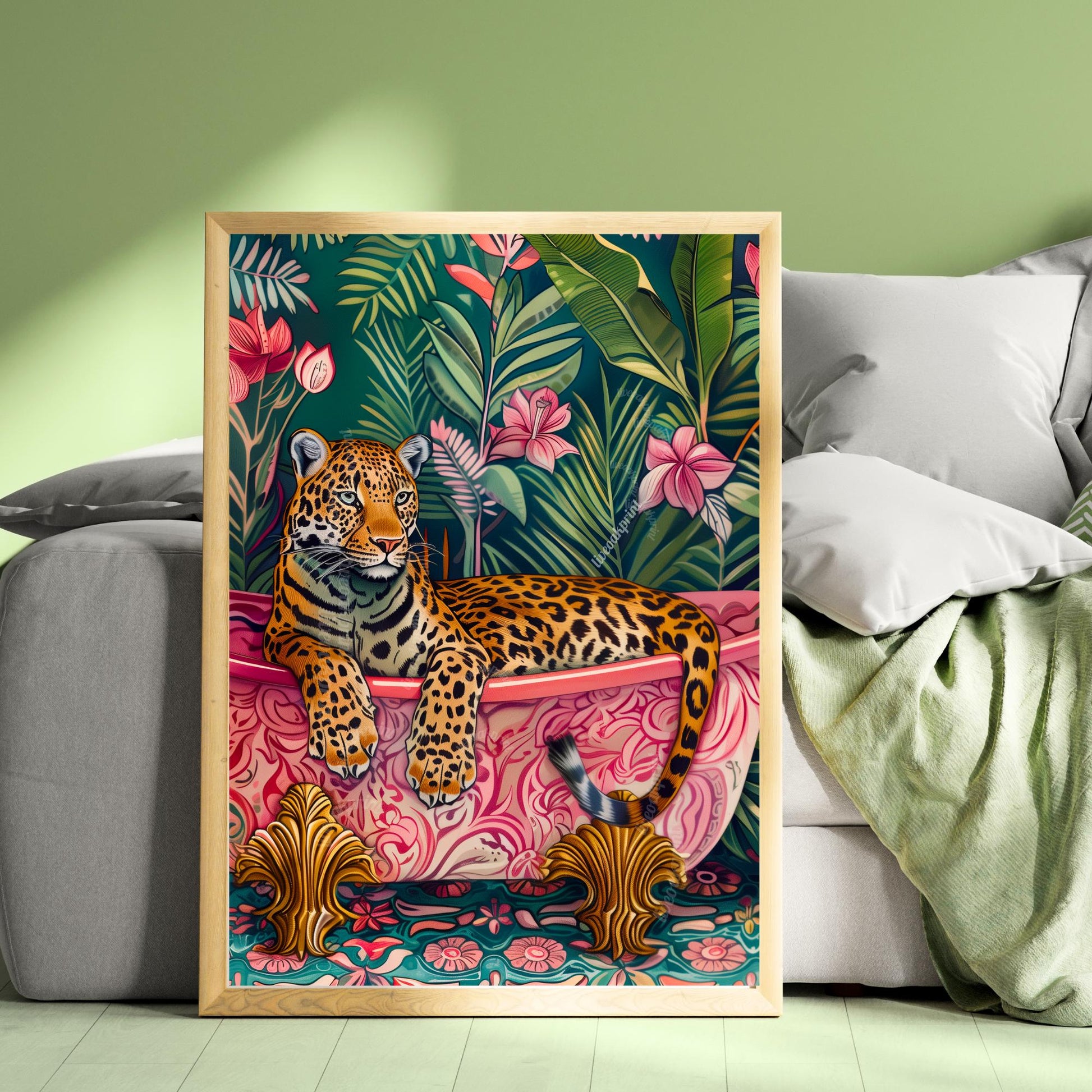 Leopard in a Bathtub Print – Maximalist Bathroom Wall Art – Tropical Animal Print – Pink and Green Bathroom Decor – Jungle Bathroom Art