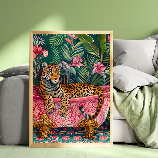 Leopard in a Bathtub Print – Maximalist Bathroom Wall Art – Tropical Animal Print – Pink and Green Bathroom Decor – Jungle Bathroom Art