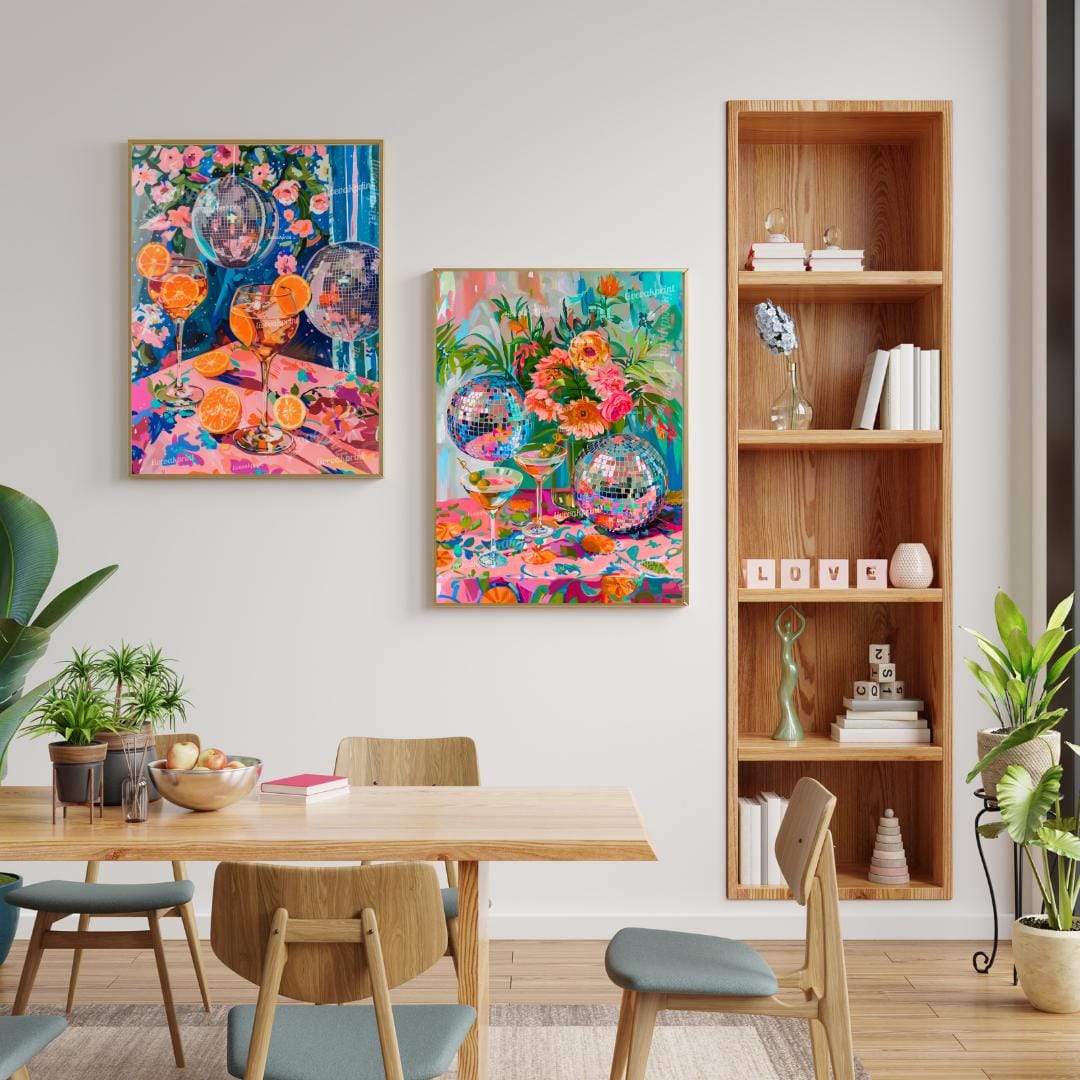 Disco Cocktail Print Set – Aperol Spritz & Martini Wall Art – Bar Cart Decor – Colorful Party Wall Art – Funky Kitchen Prints