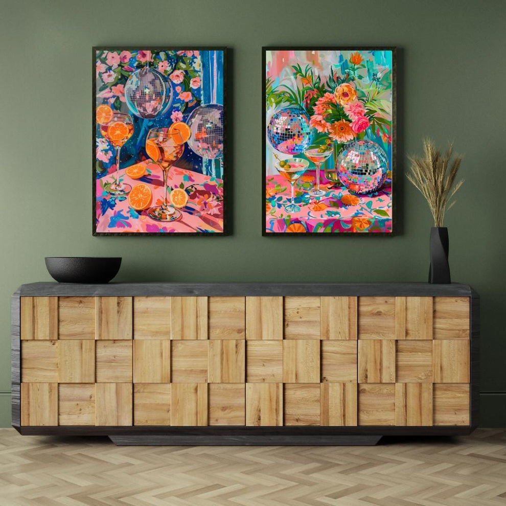Disco Cocktail Print Set – Aperol Spritz & Martini Wall Art – Bar Cart Decor – Colorful Party Wall Art – Funky Kitchen Prints