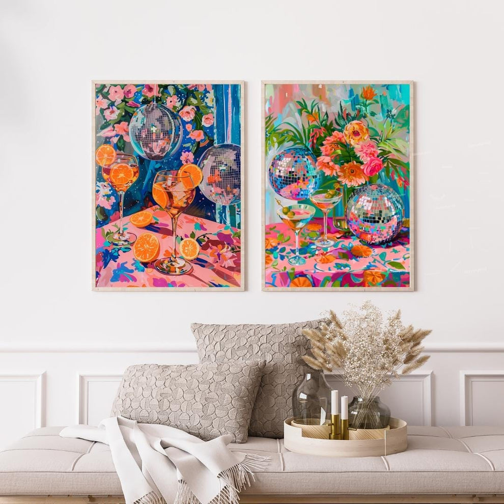 Disco Cocktail Print Set – Aperol Spritz & Martini Wall Art – Bar Cart Decor – Colorful Party Wall Art – Funky Kitchen Prints