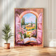 Romantic Chateaucore Wall Art – French Countryside Window View with Book and Flowers – Cottagecore Pastel Landscape Print