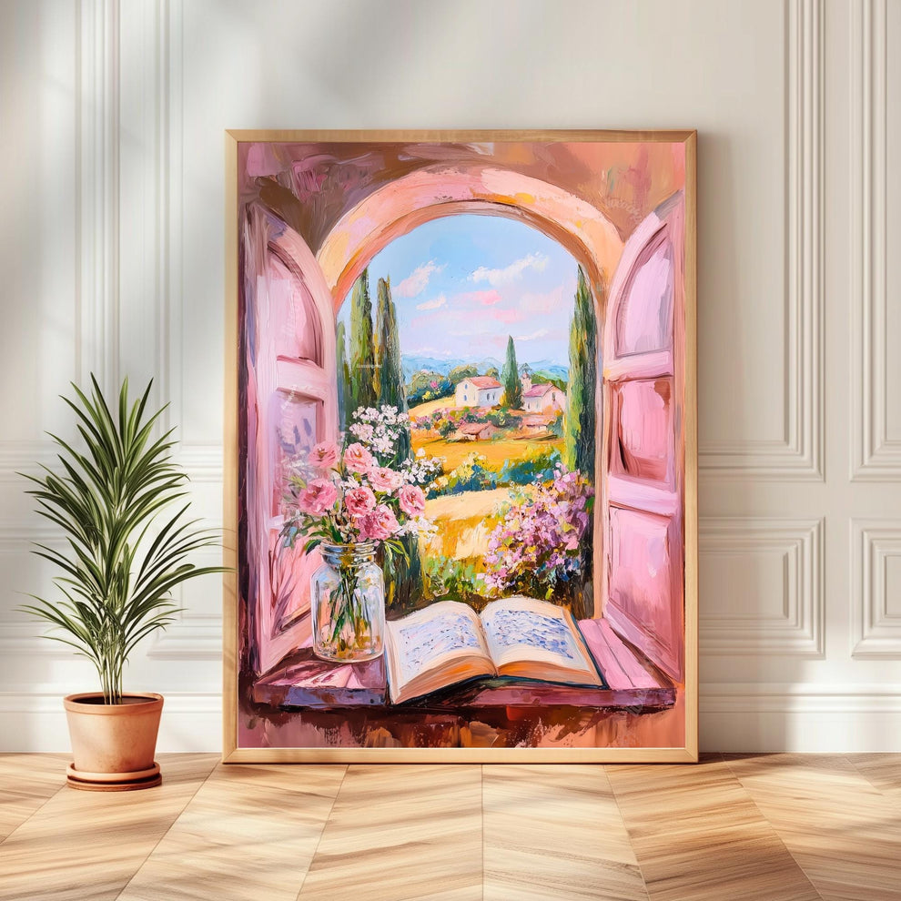 Romantic Chateaucore Wall Art – French Countryside Window View with Book and Flowers – Cottagecore Pastel Landscape Print
