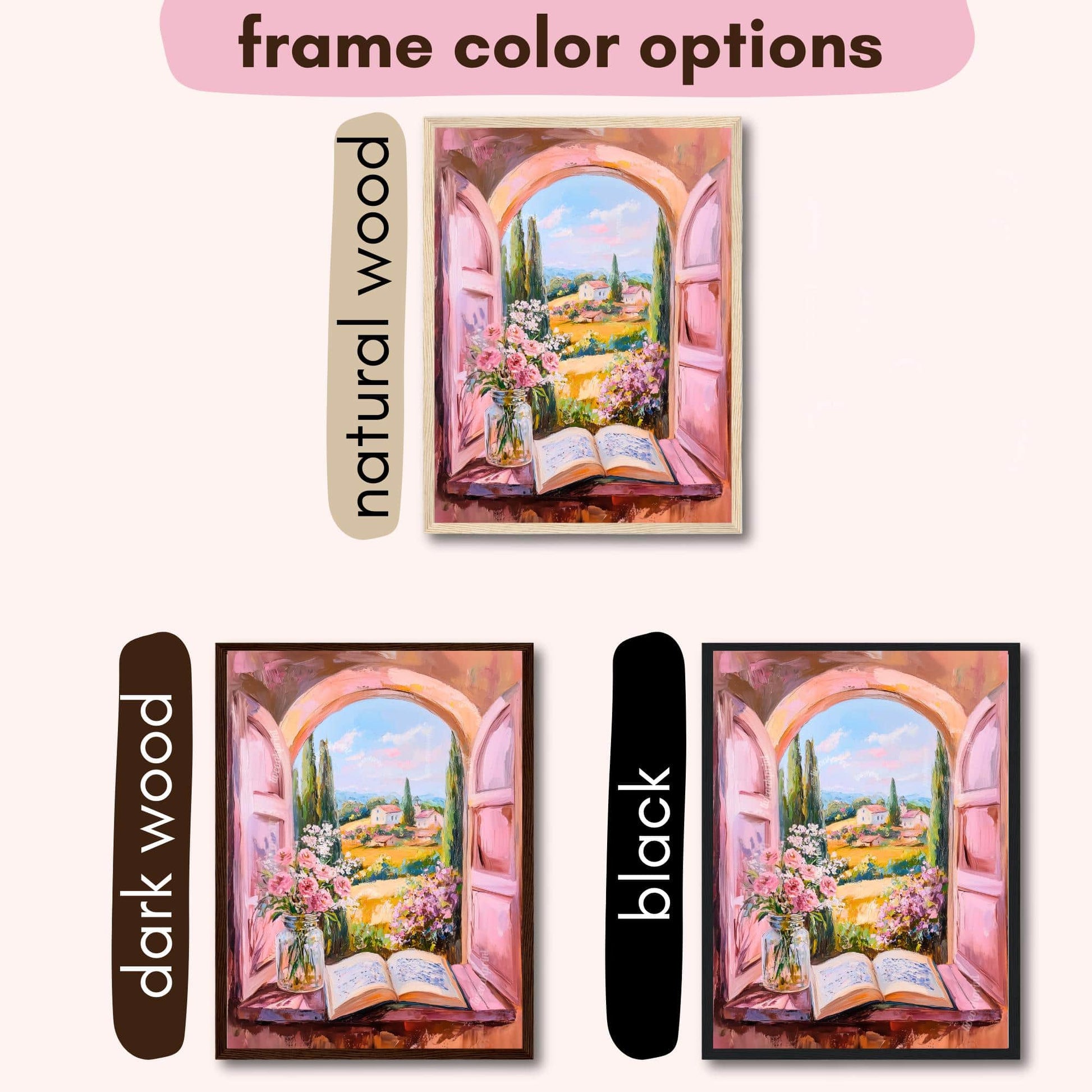Romantic Chateaucore Wall Art – French Countryside Window View with Book and Flowers – Cottagecore Pastel Landscape Print
