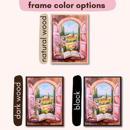 Romantic Chateaucore Wall Art – French Countryside Window View with Book and Flowers – Cottagecore Pastel Landscape Print