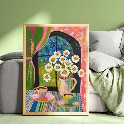 Chamomile Tea at Night Art Print – Moody Matisse-Inspired Tea Poster – Funky Kitchen or Bedroom Wall Art – Cozy Nighttime Tea Aesthetic