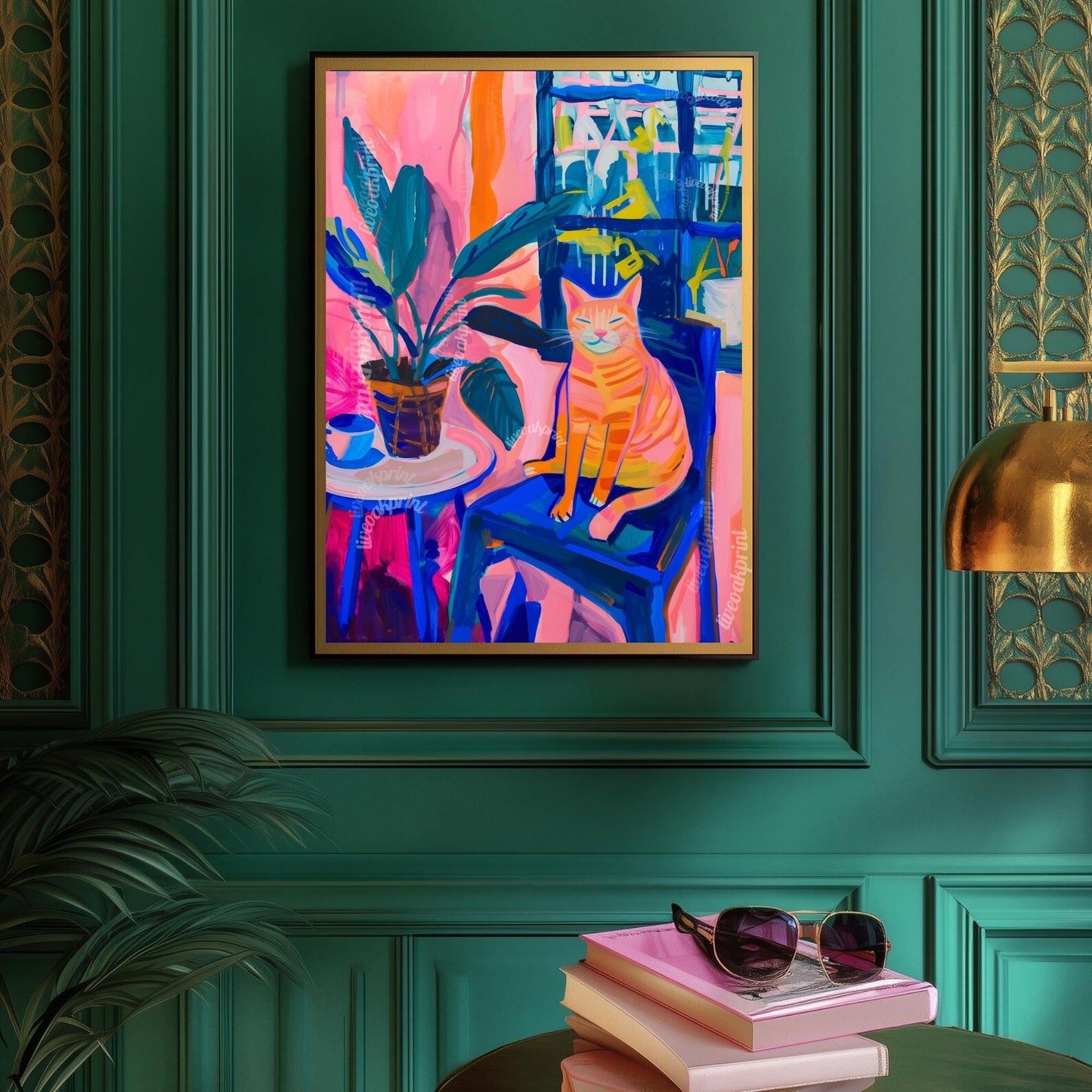 Colorful Cat in Chair Art Print – Funky Matisse-Inspired Cat Wall Art – Bold Still Life Painting – Maximalist Animal Poster Aesthetic Decor