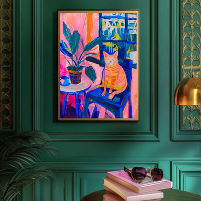 Colorful Cat in Chair Art Print – Funky Matisse-Inspired Cat Wall Art – Bold Still Life Painting – Maximalist Animal Poster Aesthetic Decor