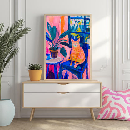 Colorful Cat in Chair Art Print – Funky Matisse-Inspired Cat Wall Art – Bold Still Life Painting – Maximalist Animal Poster Aesthetic Decor