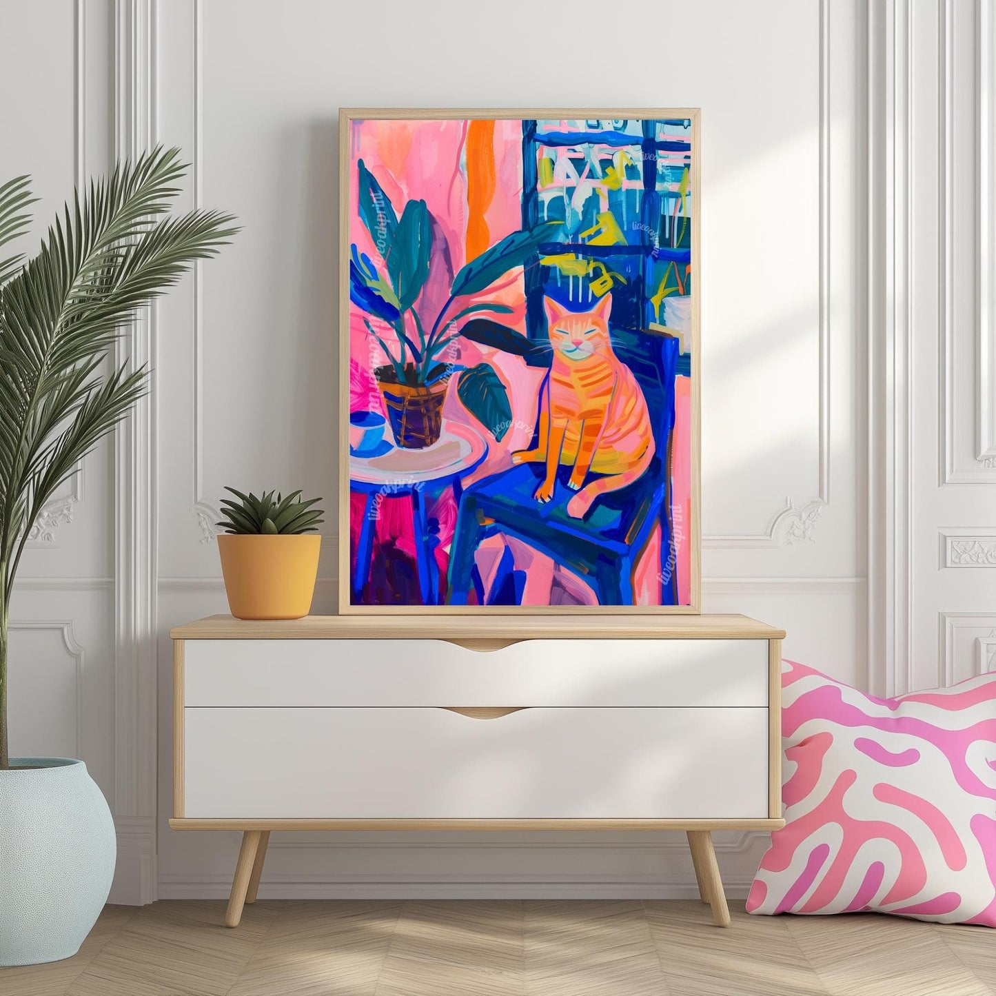 Colorful Cat in Chair Art Print – Funky Matisse-Inspired Cat Wall Art – Bold Still Life Painting – Maximalist Animal Poster Aesthetic Decor