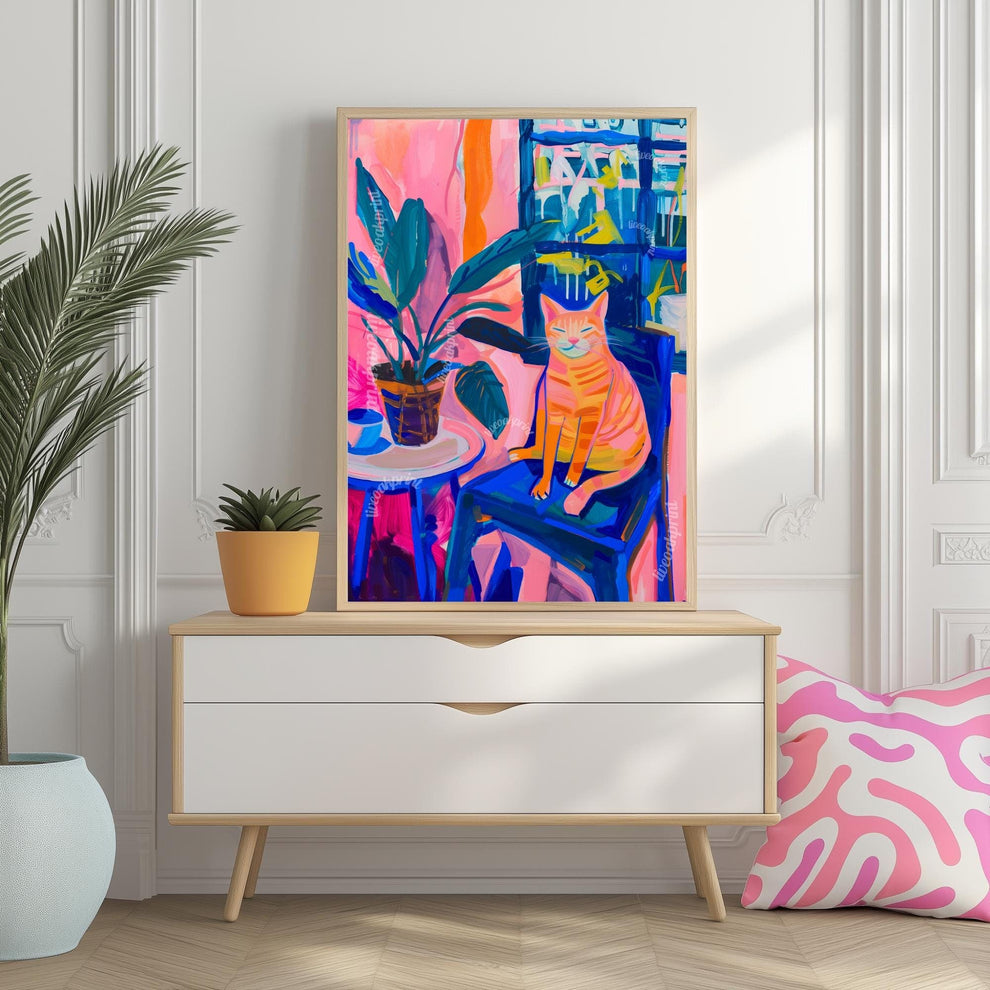 Colorful Cat in Chair Art Print – Funky Matisse-Inspired Cat Wall Art – Bold Still Life Painting – Maximalist Animal Poster Aesthetic Decor