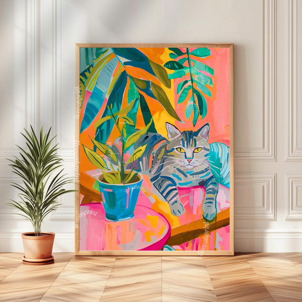 Tropical Cat Art Print – Funky Tabby Cat Wall Art – Bold Colorful Jungle Decor – Maximalist Cat and Plant Poster – Aesthetic Home Print