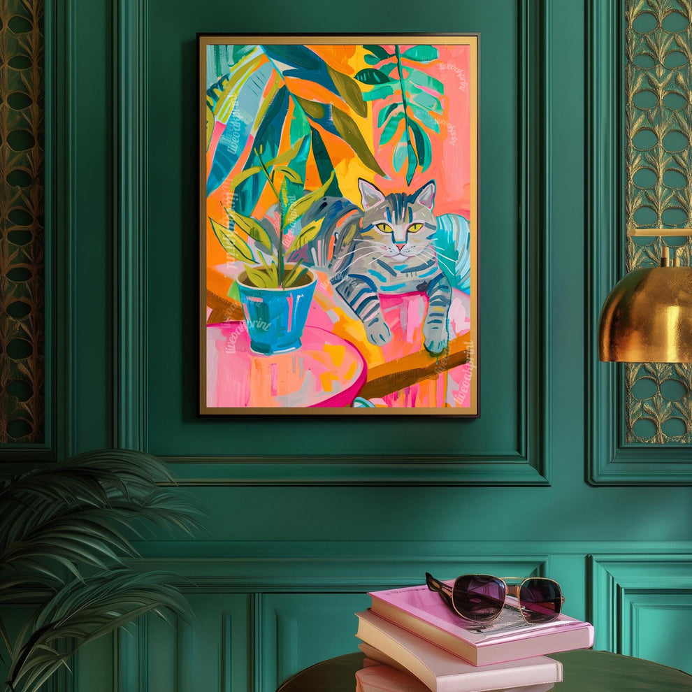 Tropical Cat Art Print – Funky Tabby Cat Wall Art – Bold Colorful Jungle Decor – Maximalist Cat and Plant Poster – Aesthetic Home Print