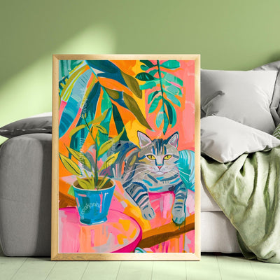 Tropical Cat Art Print – Funky Tabby Cat Wall Art – Bold Colorful Jungle Decor – Maximalist Cat and Plant Poster – Aesthetic Home Print
