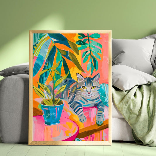 Tropical Cat Art Print – Funky Tabby Cat Wall Art – Bold Colorful Jungle Decor – Maximalist Cat and Plant Poster – Aesthetic Home Print