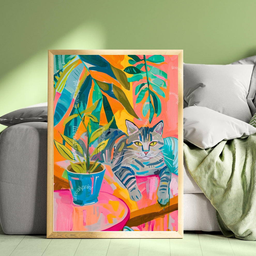 Tropical Cat Art Print – Funky Tabby Cat Wall Art – Bold Colorful Jungle Decor – Maximalist Cat and Plant Poster – Aesthetic Home Print