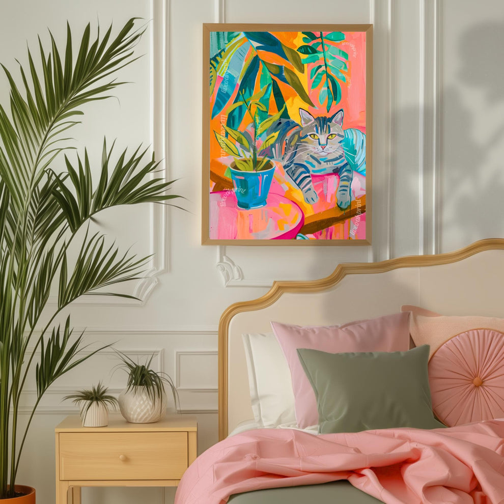 Tropical Cat Art Print – Funky Tabby Cat Wall Art – Bold Colorful Jungle Decor – Maximalist Cat and Plant Poster – Aesthetic Home Print