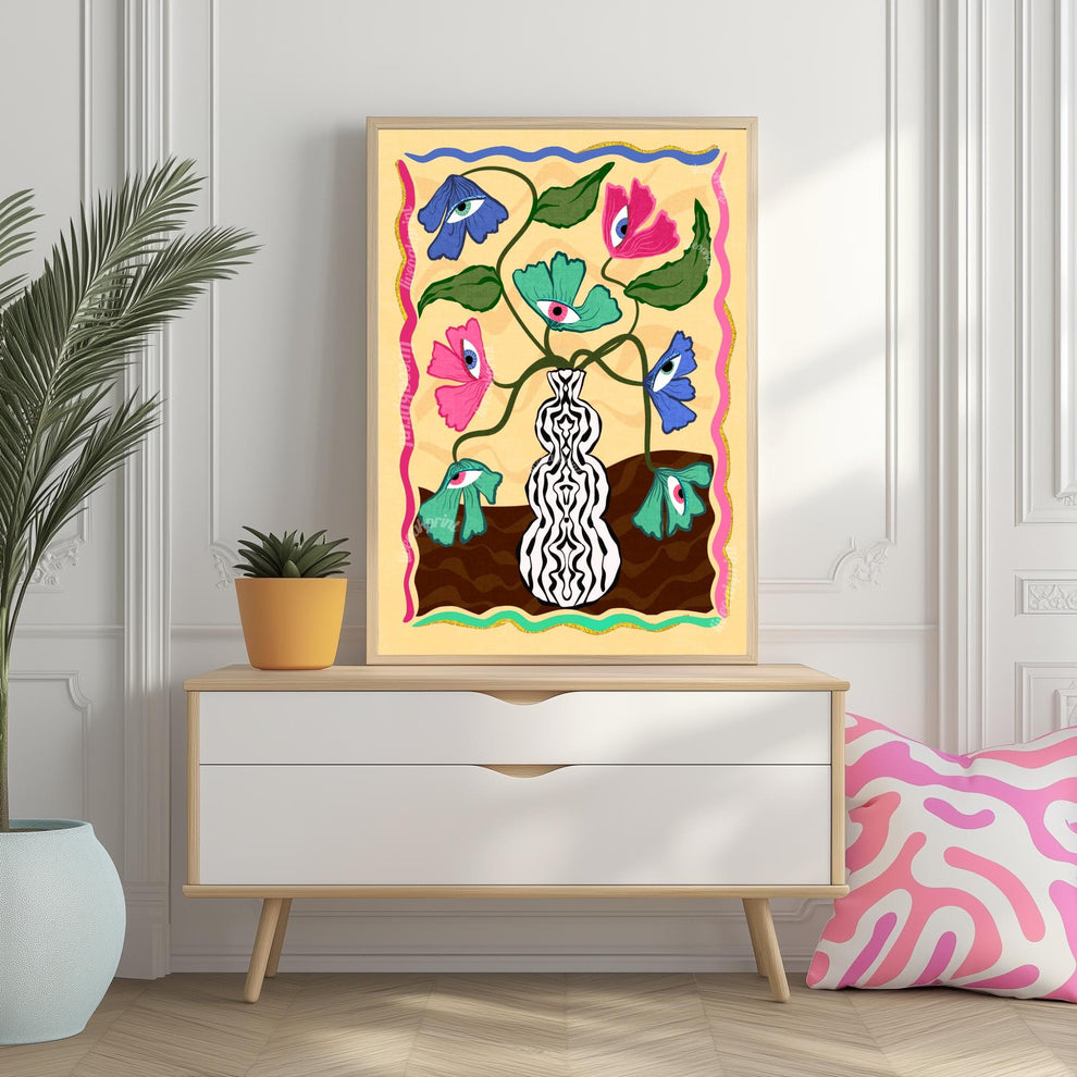 Surreal Eye Flower Print – Funky Dopamine Decor – Matisse-Inspired Bold Wall Art – Trippy Floral Poster – Aesthetic Art Print