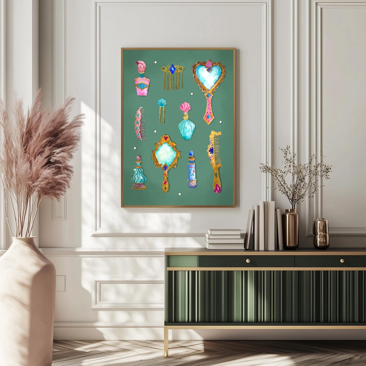 May include: A framed illustration of a collection of vintage beauty tools on a green background. The tools include a heart-shaped mirror, a comb, a hairbrush, and perfume bottles. The illustration is done in a watercolor style with gold accents.