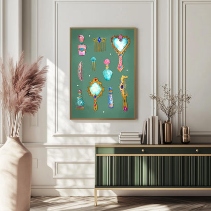 May include: A framed illustration of a collection of vintage beauty tools on a green background. The tools include a heart-shaped mirror, a comb, a hairbrush, and perfume bottles. The illustration is done in a watercolor style with gold accents.