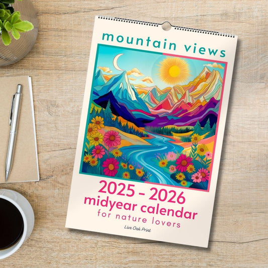 Mountain Views Calendar 2025–2026 – Mid Year Wall Calendar – July Start Academic Planner – Nature Wall Art – Gift for Hikers Outdoor Lovers