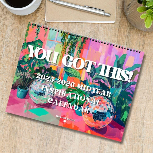 2025–2026 Inspirational Calendar – July Start Wall Calendar – Mid Year Motivational Planner – Disco & Botanical Decor – Home or Office