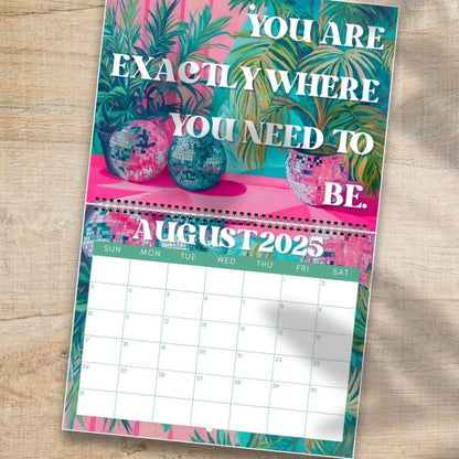 2025–2026 Inspirational Calendar – July Start Wall Calendar – Mid Year Motivational Planner – Disco & Botanical Decor – Home or Office