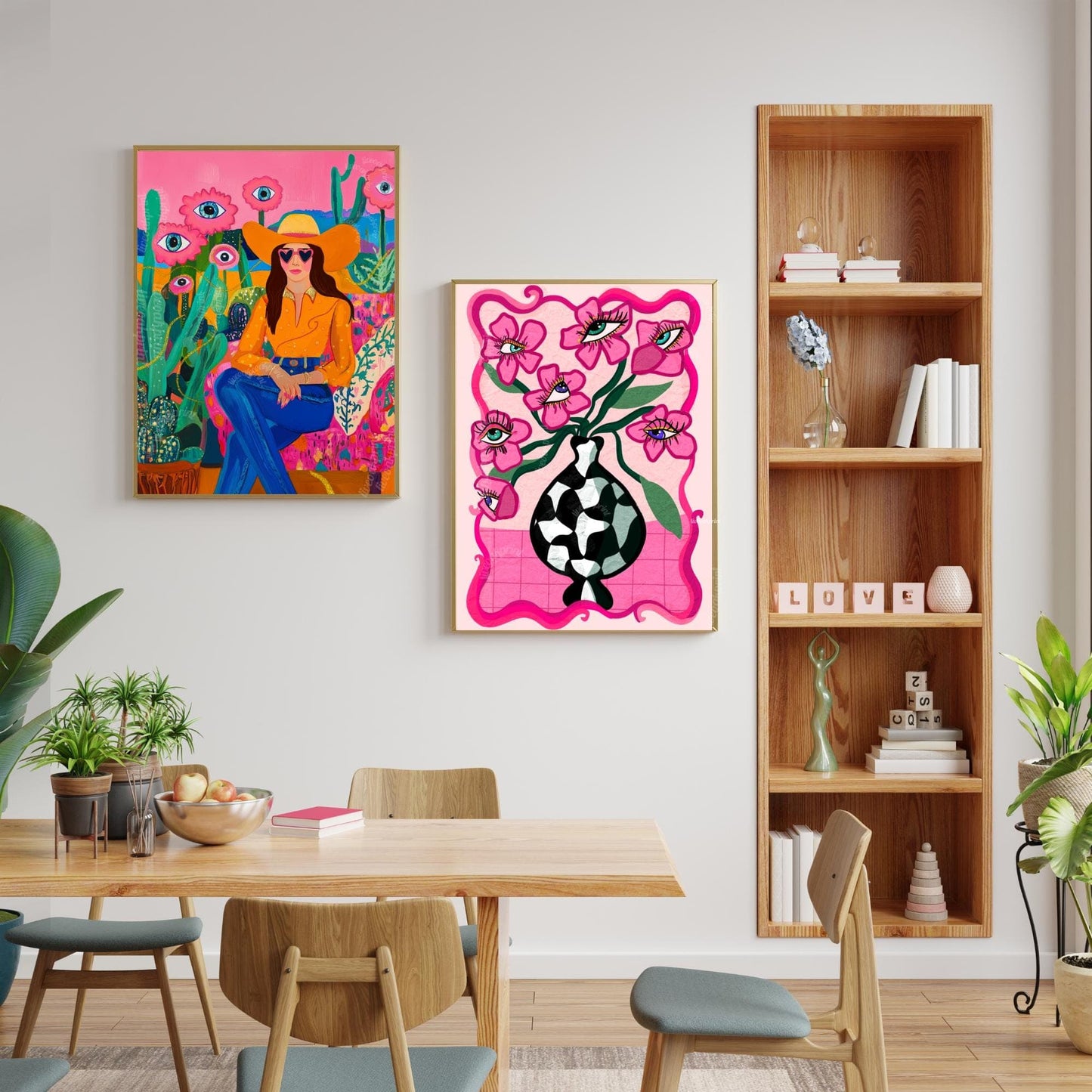 Surreal Cowgirl Art Print – Western Wall Art – Pink Desert Decor – Funky Feminine Cowboy Poster – Bold Cactus Eye Print – Dopamine Decor