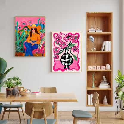 Surreal Cowgirl Art Print – Western Wall Art – Pink Desert Decor – Funky Feminine Cowboy Poster – Bold Cactus Eye Print – Dopamine Decor