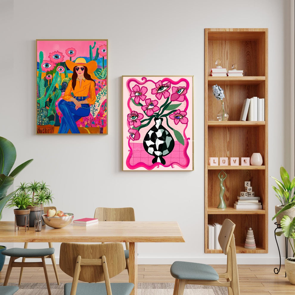Surreal Cowgirl Art Print – Western Wall Art – Pink Desert Decor – Funky Feminine Cowboy Poster – Bold Cactus Eye Print – Dopamine Decor