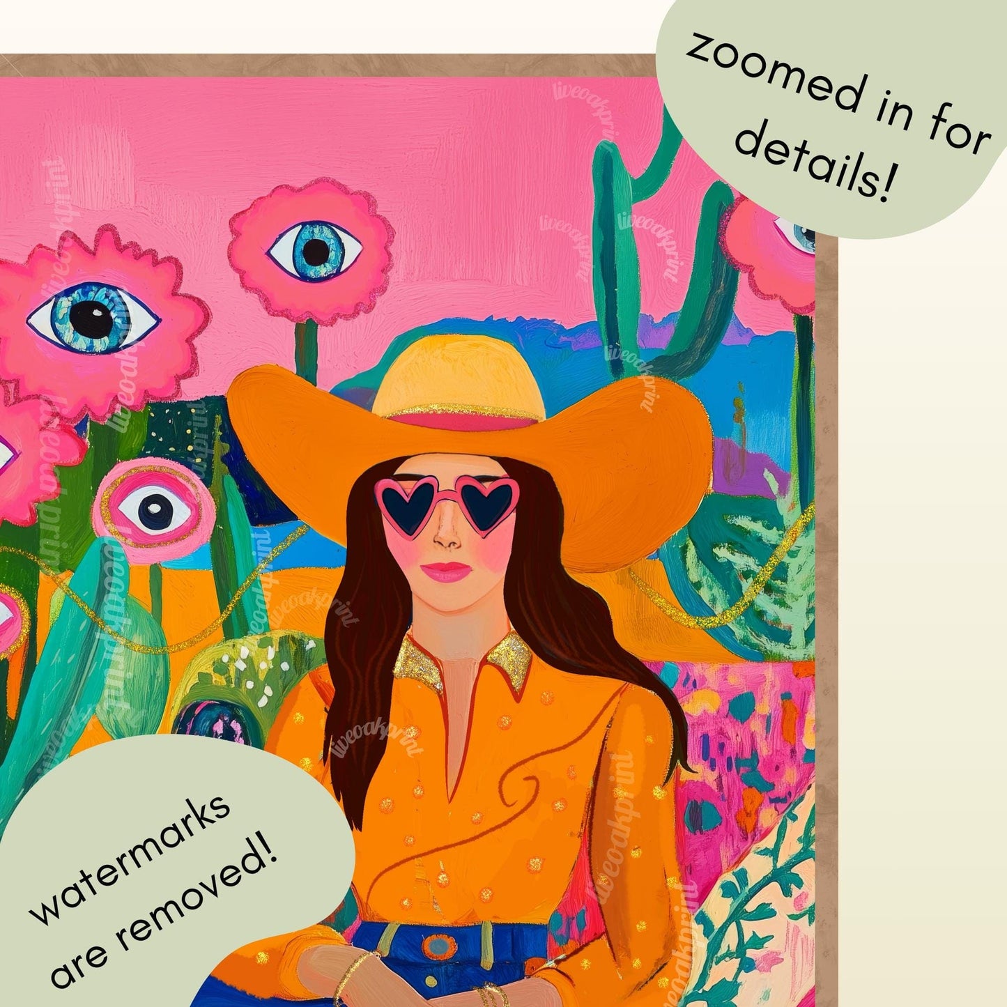 Surreal Cowgirl Art Print – Western Wall Art – Pink Desert Decor – Funky Feminine Cowboy Poster – Bold Cactus Eye Print – Dopamine Decor