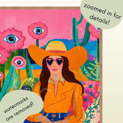 Surreal Cowgirl Art Print – Western Wall Art – Pink Desert Decor – Funky Feminine Cowboy Poster – Bold Cactus Eye Print – Dopamine Decor