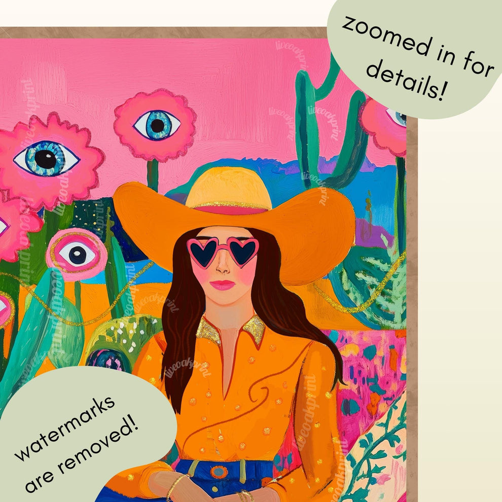 Surreal Cowgirl Art Print – Western Wall Art – Pink Desert Decor – Funky Feminine Cowboy Poster – Bold Cactus Eye Print – Dopamine Decor