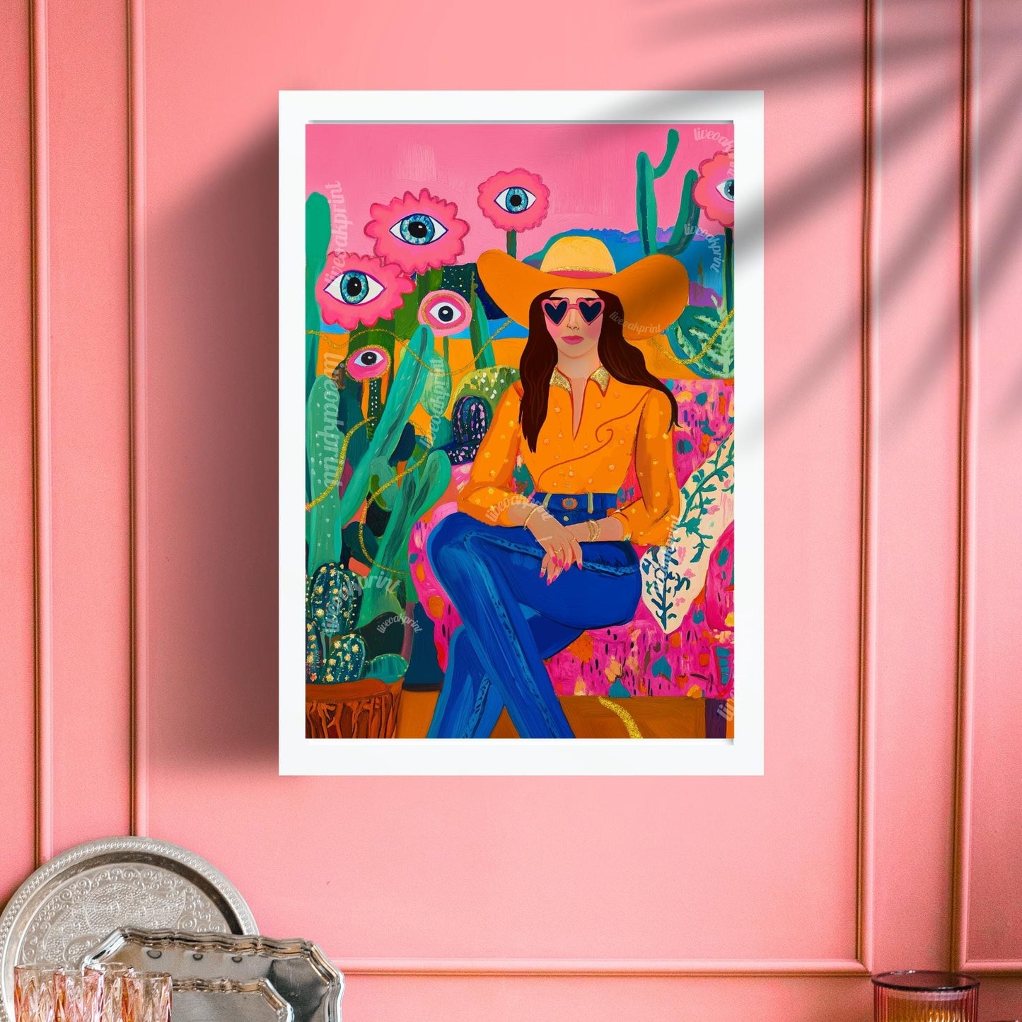 Surreal Cowgirl Art Print – Western Wall Art – Pink Desert Decor – Funky Feminine Cowboy Poster – Bold Cactus Eye Print – Dopamine Decor