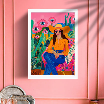 Surreal Cowgirl Art Print – Western Wall Art – Pink Desert Decor – Funky Feminine Cowboy Poster – Bold Cactus Eye Print – Dopamine Decor