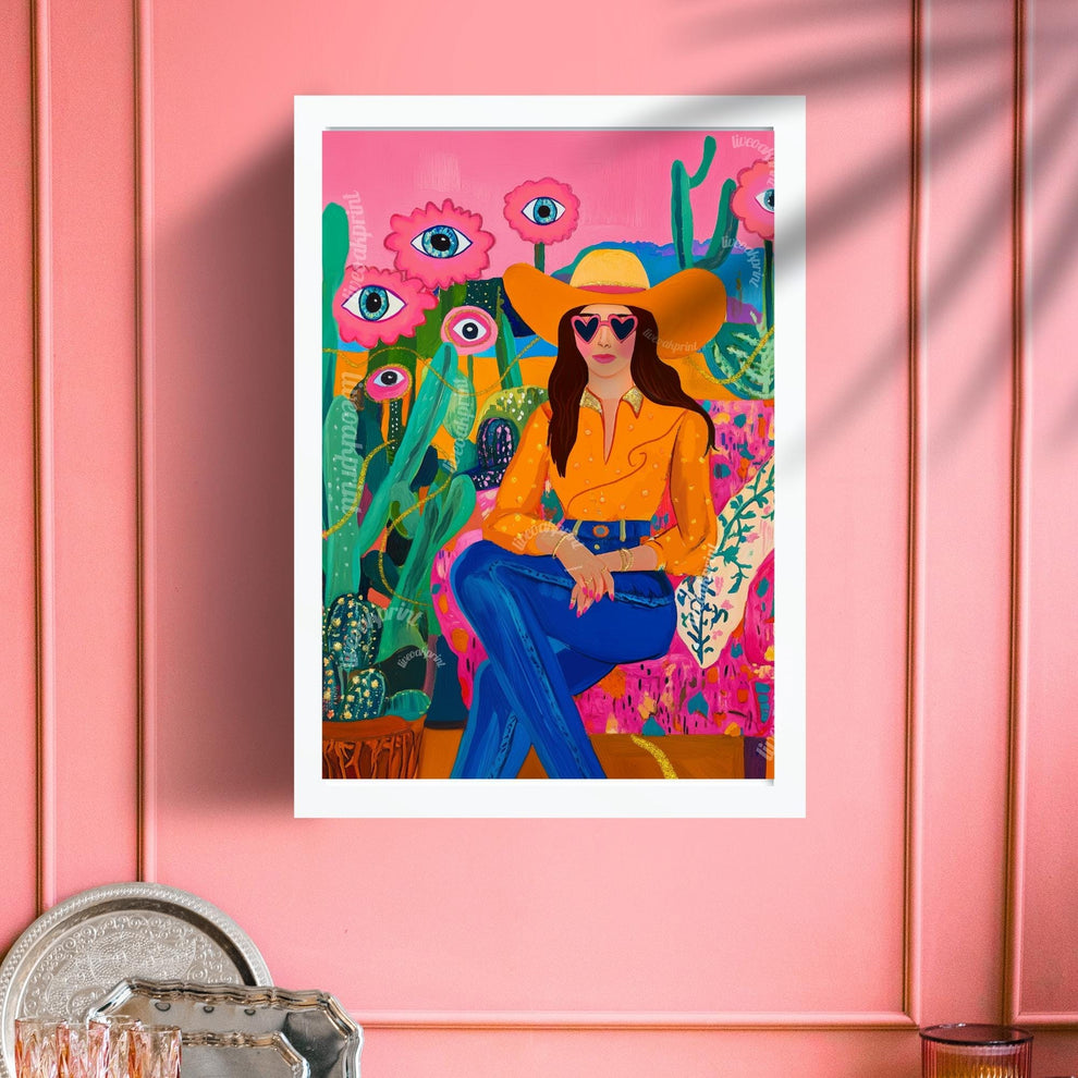 Surreal Cowgirl Art Print – Western Wall Art – Pink Desert Decor – Funky Feminine Cowboy Poster – Bold Cactus Eye Print – Dopamine Decor