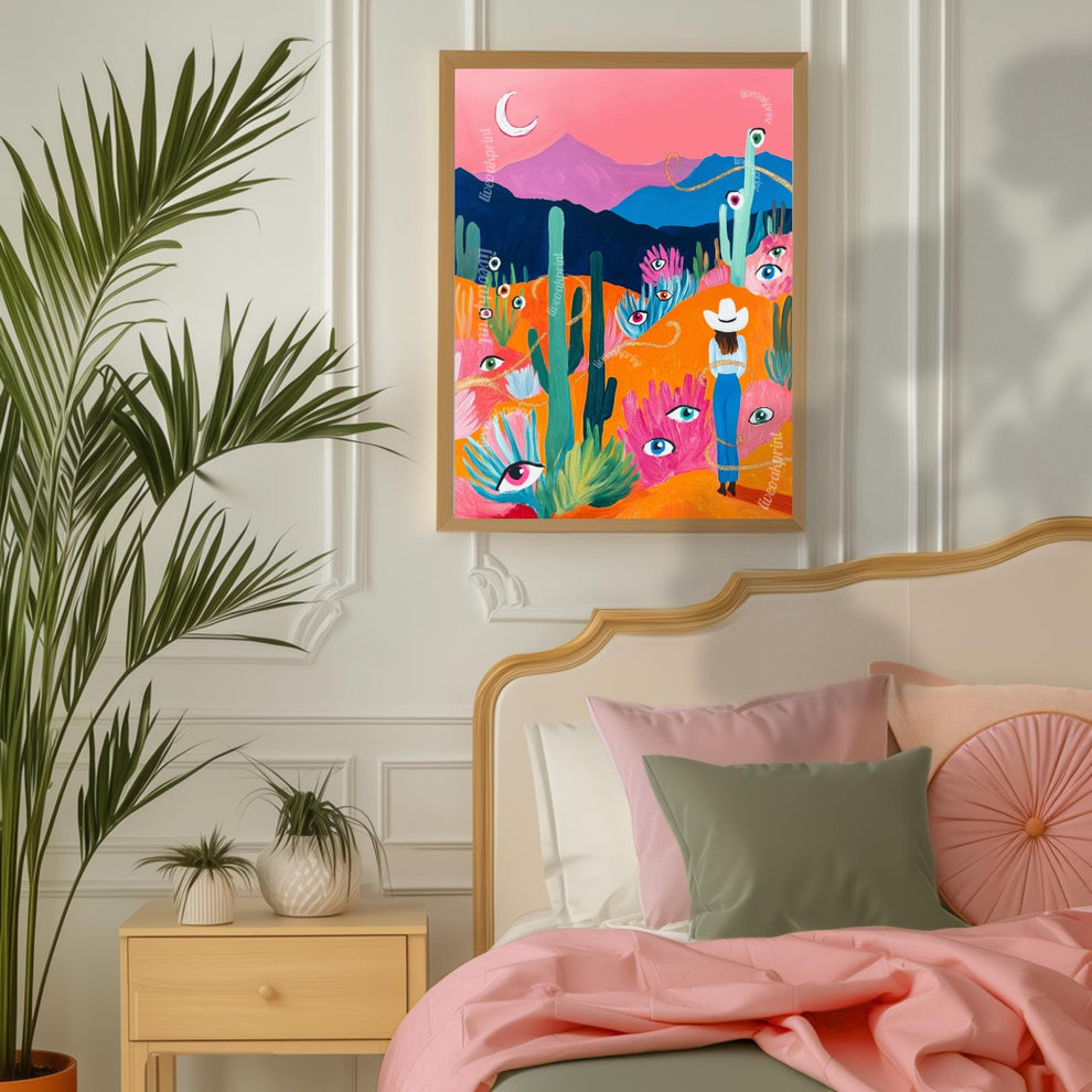 Surreal Desert Cowgirl Art Print – Western Wall Art – Funky Eye Art Print – Feminine Cowboy Decor – Moon Landscape Print