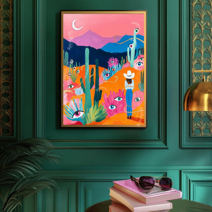 Surreal Desert Cowgirl Art Print – Western Wall Art – Funky Eye Art Print – Feminine Cowboy Decor – Moon Landscape Print