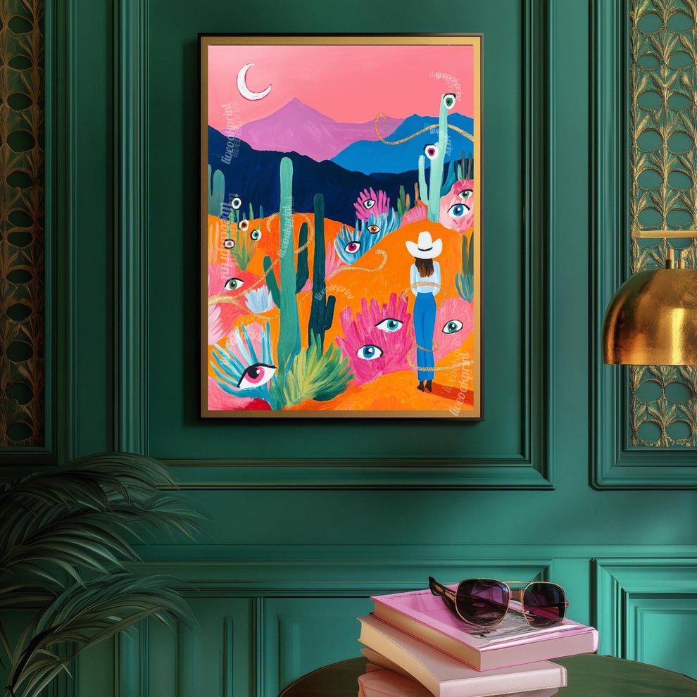 Surreal Desert Cowgirl Art Print – Western Wall Art – Funky Eye Art Print – Feminine Cowboy Decor – Moon Landscape Print