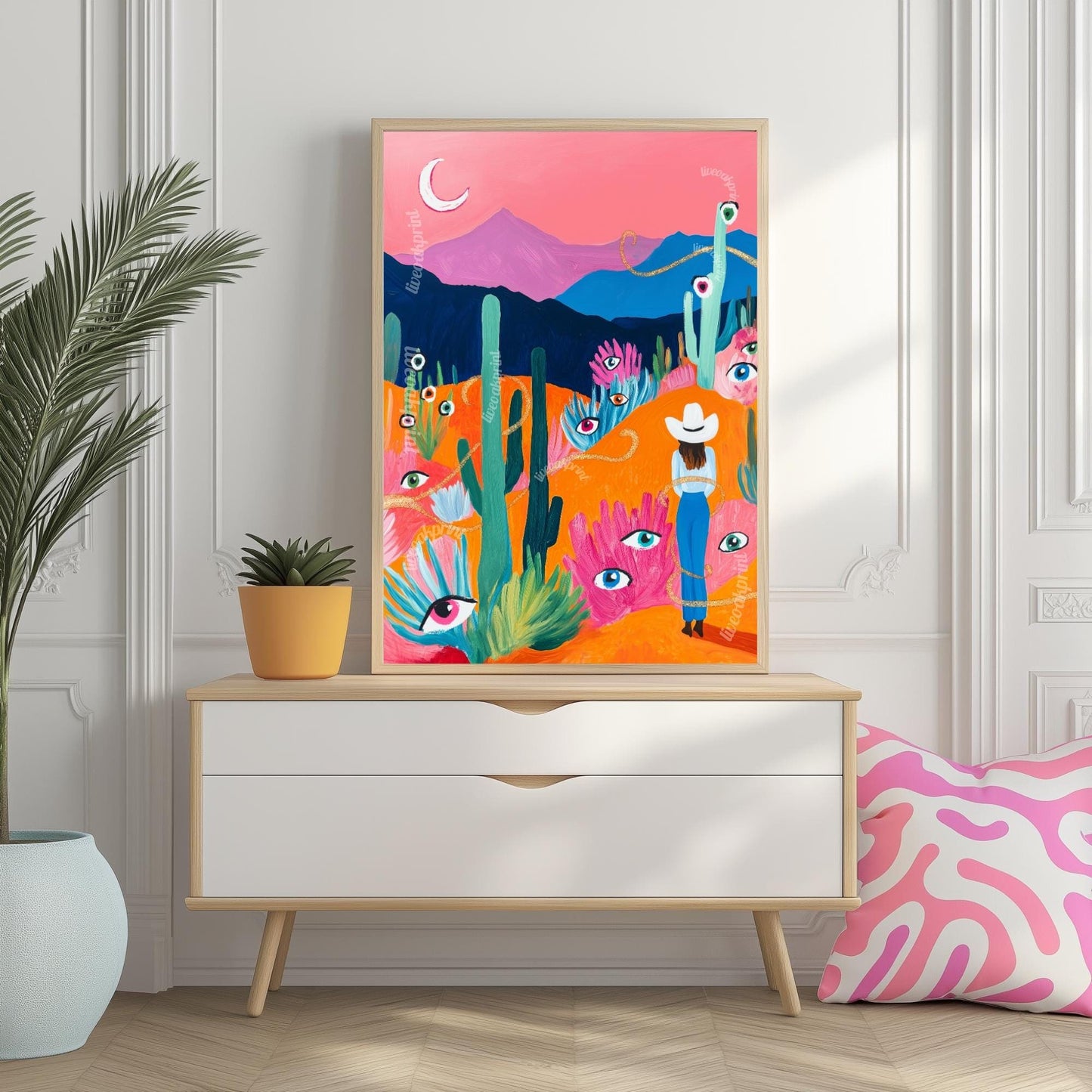 Surreal Desert Cowgirl Art Print – Western Wall Art – Funky Eye Art Print – Feminine Cowboy Decor – Moon Landscape Print