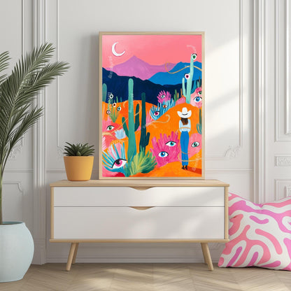 Surreal Desert Cowgirl Art Print – Western Wall Art – Funky Eye Art Print – Feminine Cowboy Decor – Moon Landscape Print