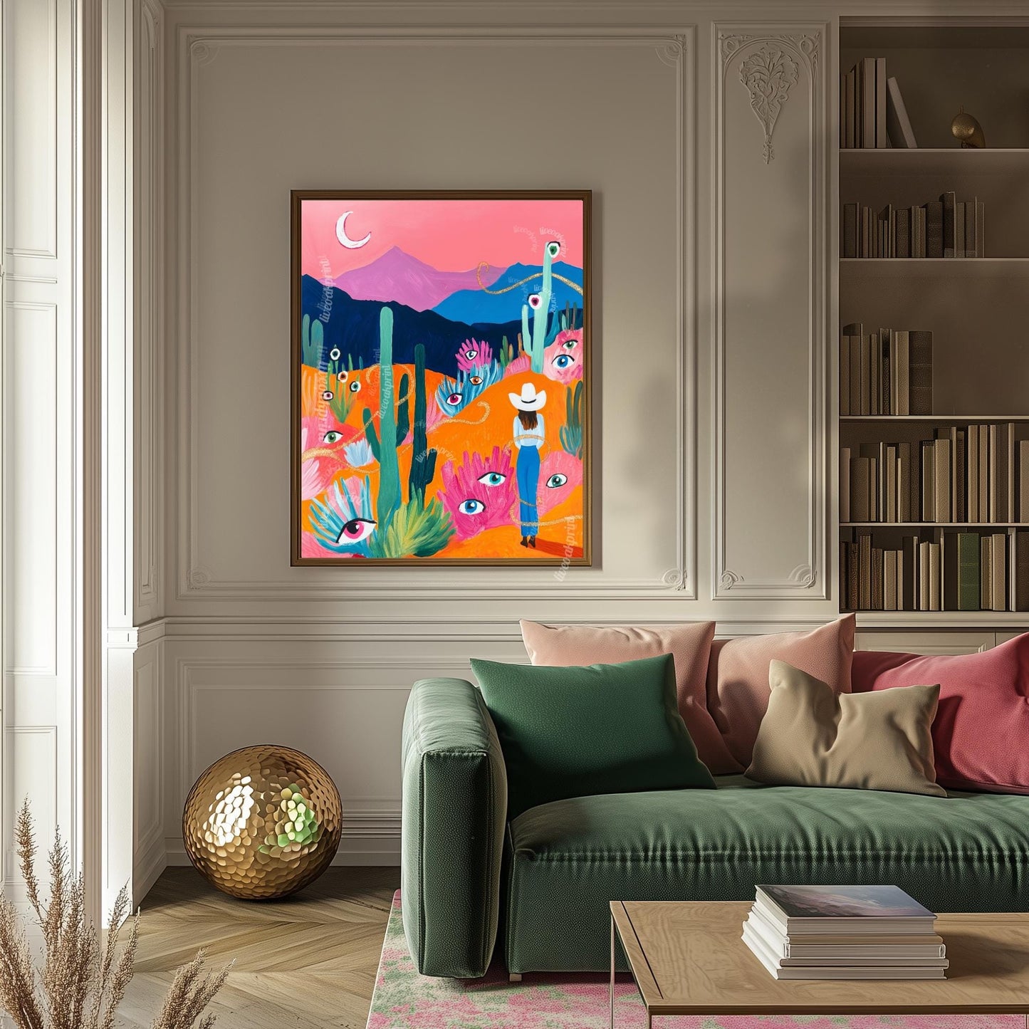 Surreal Desert Cowgirl Art Print – Western Wall Art – Funky Eye Art Print – Feminine Cowboy Decor – Moon Landscape Print