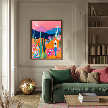 Surreal Desert Cowgirl Art Print – Western Wall Art – Funky Eye Art Print – Feminine Cowboy Decor – Moon Landscape Print