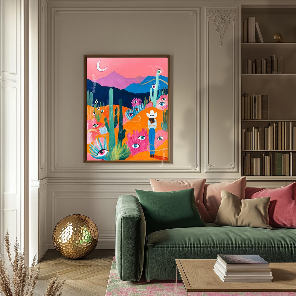 Surreal Desert Cowgirl Art Print – Western Wall Art – Funky Eye Art Print – Feminine Cowboy Decor – Moon Landscape Print