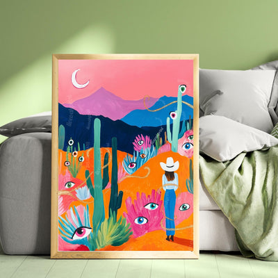 Surreal Desert Cowgirl Art Print – Western Wall Art – Funky Eye Art Print – Feminine Cowboy Decor – Moon Landscape Print