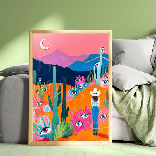Surreal Desert Cowgirl Art Print – Western Wall Art – Funky Eye Art Print – Feminine Cowboy Decor – Moon Landscape Print